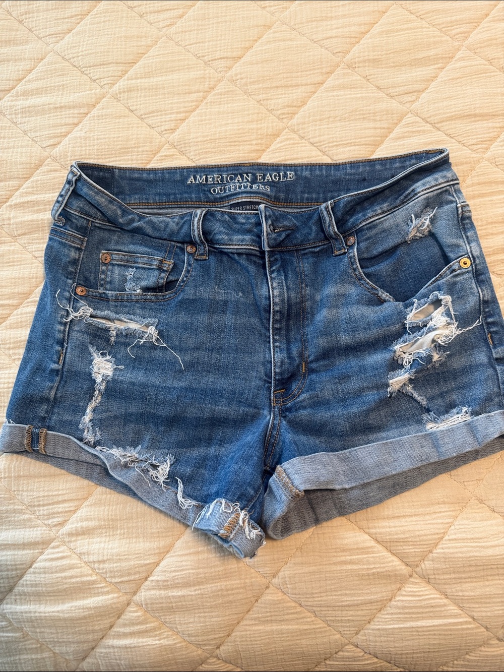 American Eagle Outfitters Medium Blue Distressed Rolled-Hem Jean Shorts